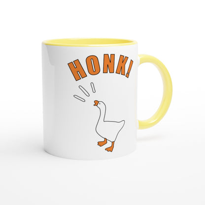 Mug with 'Honk!' text and Untitled Goose Game illustration on a white background