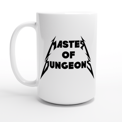 A white mug displays "Master of Dungeons" in a heavy metal font reminiscent of Metallica, flanked by stylized lightning bolts.