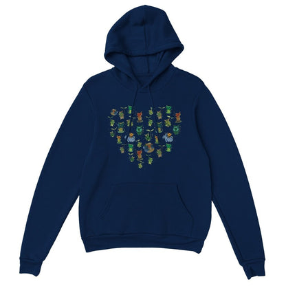 A navy blue hoodie features a heart-shaped pattern of Koroks from The Legend of Zelda: Tears of the Kingdom and Breath of the Wild.