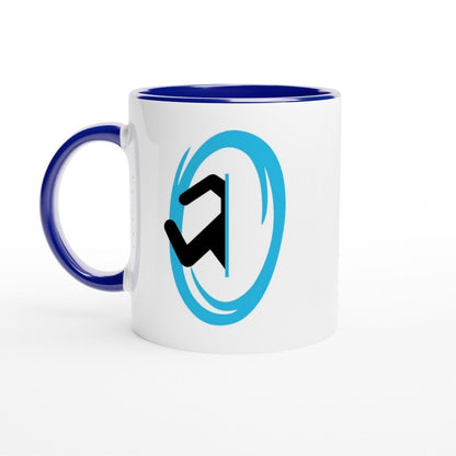 A white ceramic mug with a blue handle and rim features a graphic design depicting a Portal from the Half-Life video game.