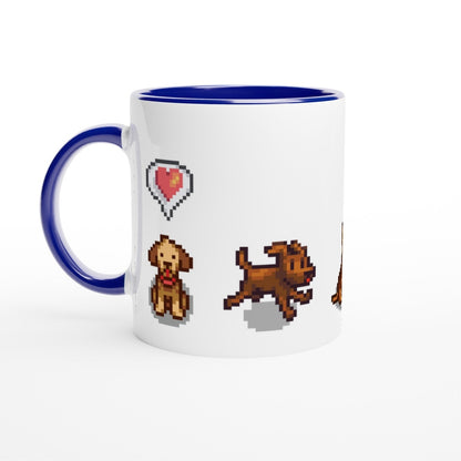 A white mug with a blue handle features pixel art of dogs from Stardew Valley alongside a heart emote.