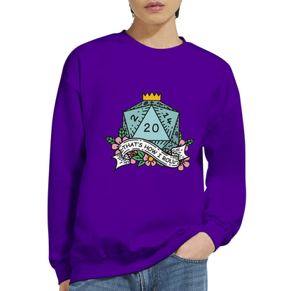 A person wearing a Gildan® 18000 purple crewneck sweatshirt displays a D&D graphic of a twenty-sided die and floral design that reads "That's How I Roll.