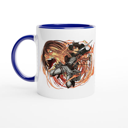 The white ceramic mug features an illustration of Eren Yeager from Attack on Titan battling a titan, with a blue handle and rim.