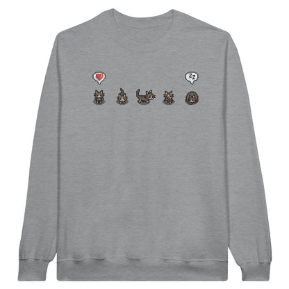 A grey Stardew Valley crewneck sweatshirt displays pixelated cats and emotes across the chest.