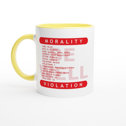 A white mug displays a yellow band at the top and bottom featuring "Morality" and "Violation," respectively, along with details from a Morality Violation Ticket referencing the film Demolition Man.