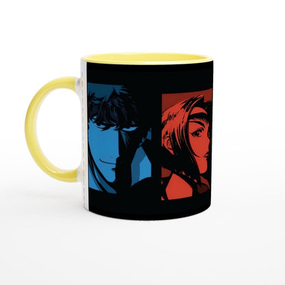 A colourful Cowboy Bebop anime mug depicts two original series characters within blue and red squares against a black background.
