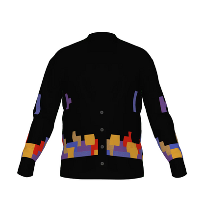 Tetris inspired falling block puzzle cardigan with retro colourful tetromino shapes on a black knitted sweater.