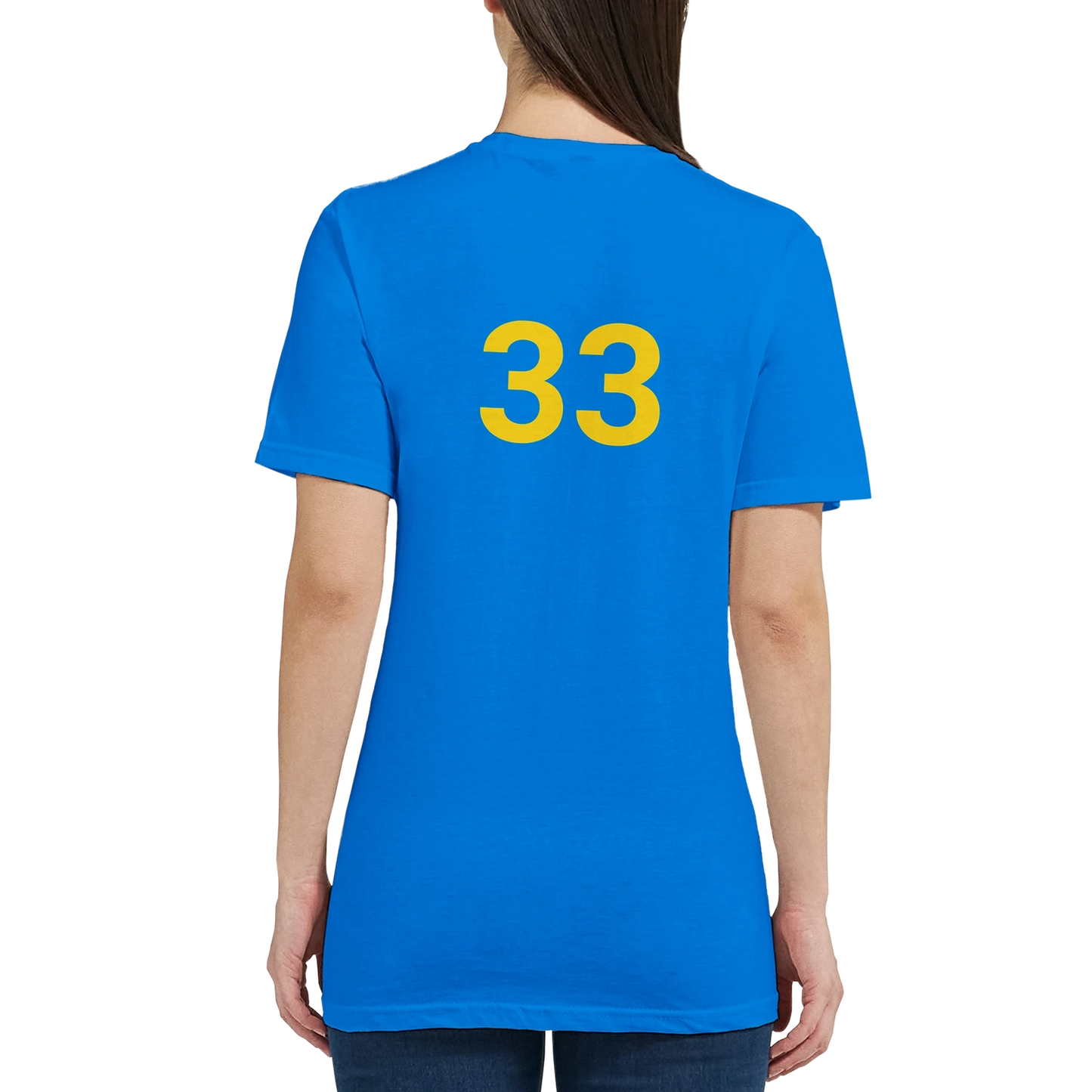 Person wearing a blue t-shirt with the number 33 on the back against a white background