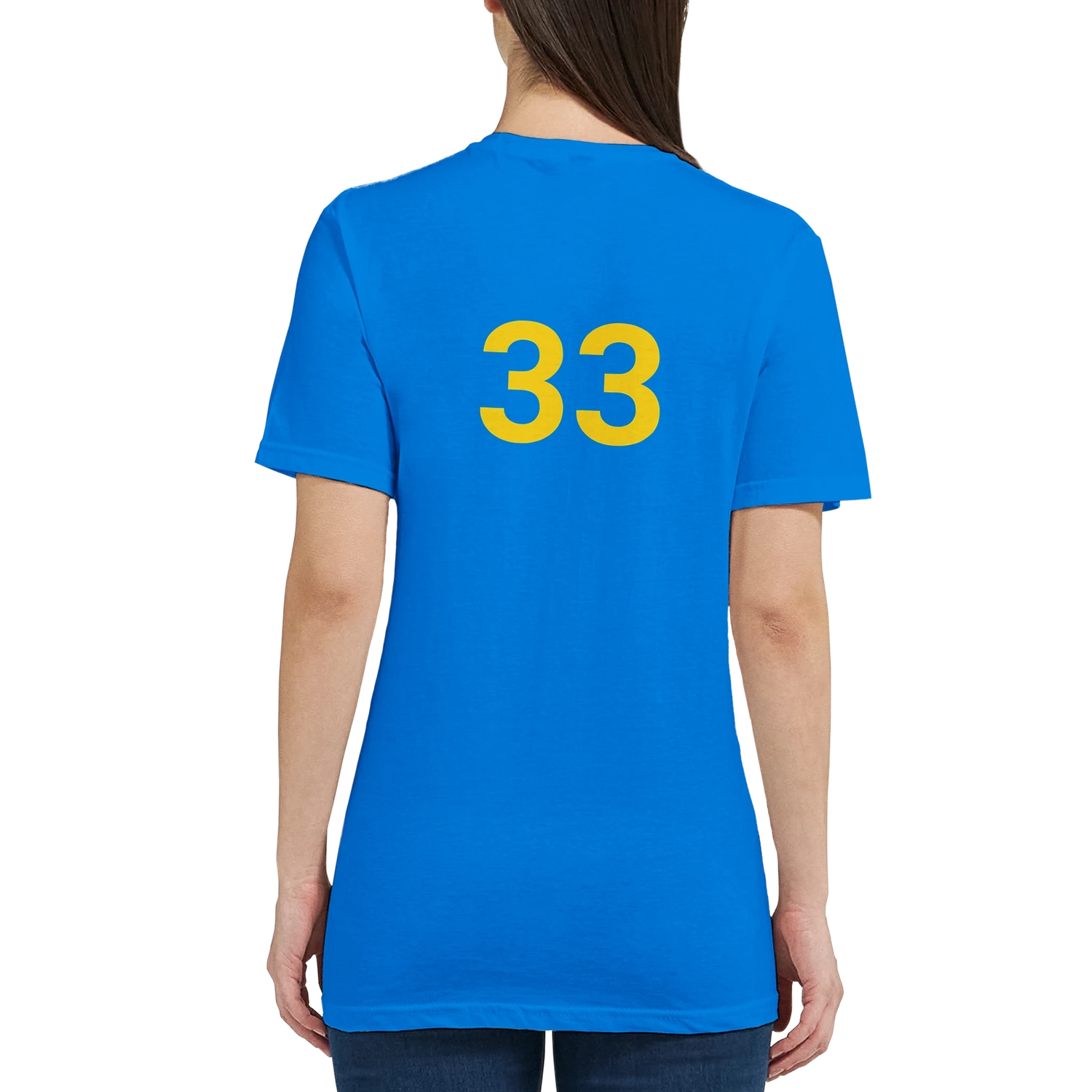 Person wearing a blue t-shirt with the number 33 on the back against a white background