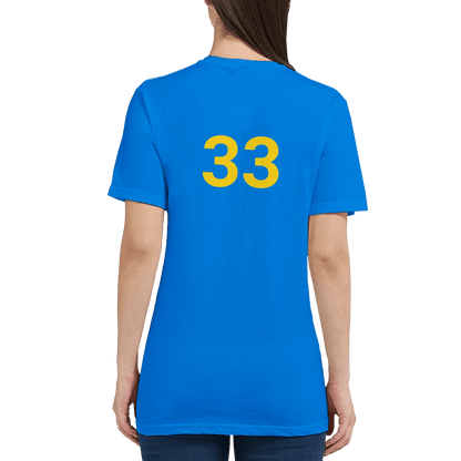 Person wearing a blue t-shirt with the number 33 on the back against a white background