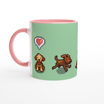 A ceramic mug displays pixel art of three dogs from Stardew Valley, along with a heart emote.