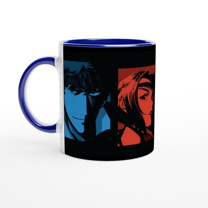 This 11oz Cowboy Bebop anime mug features colourful illustrations of two original series characters against a black background and blue accents.