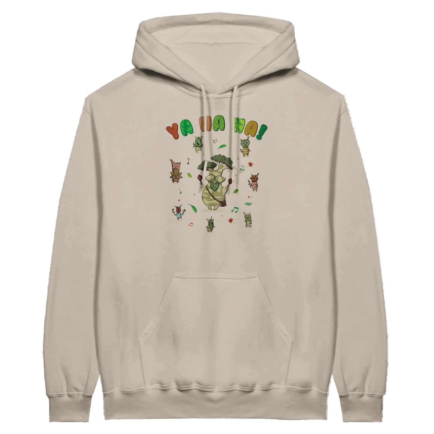 Sand Zelda hoodie with a colorful Hestu and Koroks graphic design on a white background