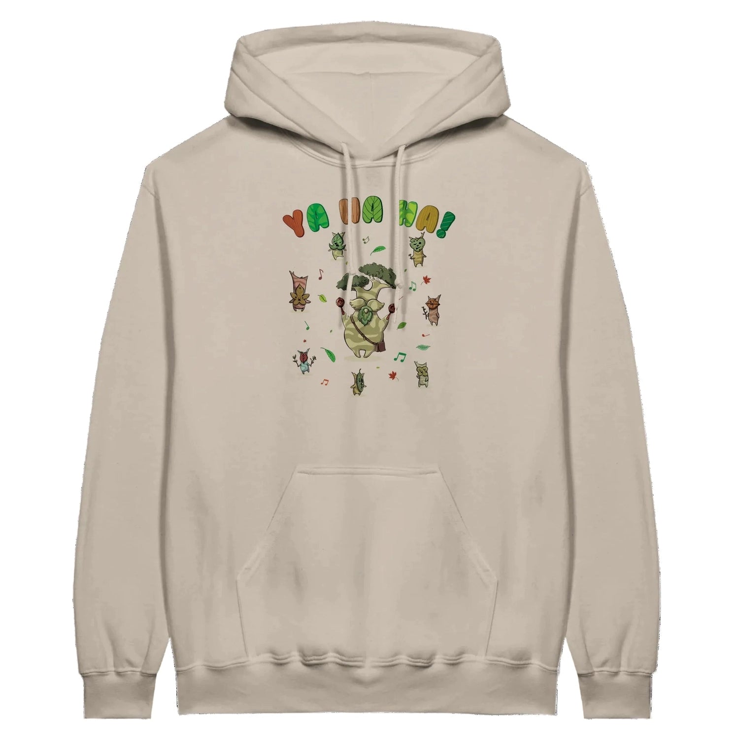 Sand Zelda hoodie with a colorful Hestu and Koroks graphic design on a white background