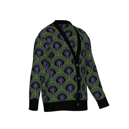 Room 237 Wallpaper pattern cardigan from The Overlook Hotel In Stephen King's The Shining. Green, purple and black knitwear on a white background.