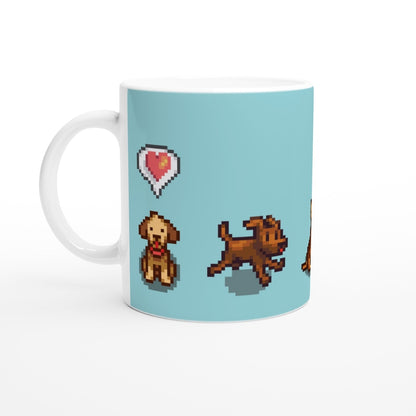 A white mug displays pixel art of three dogs from Stardew Valley alongside a heart emote.