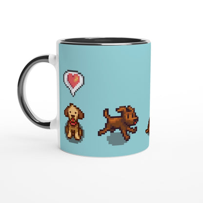 A white mug displays pixel art of two dogs from Stardew Valley alongside a heart icon.