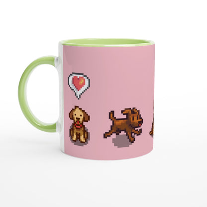 A pink mug features pixel art of dogs from Stardew Valley alongside a heart emote.