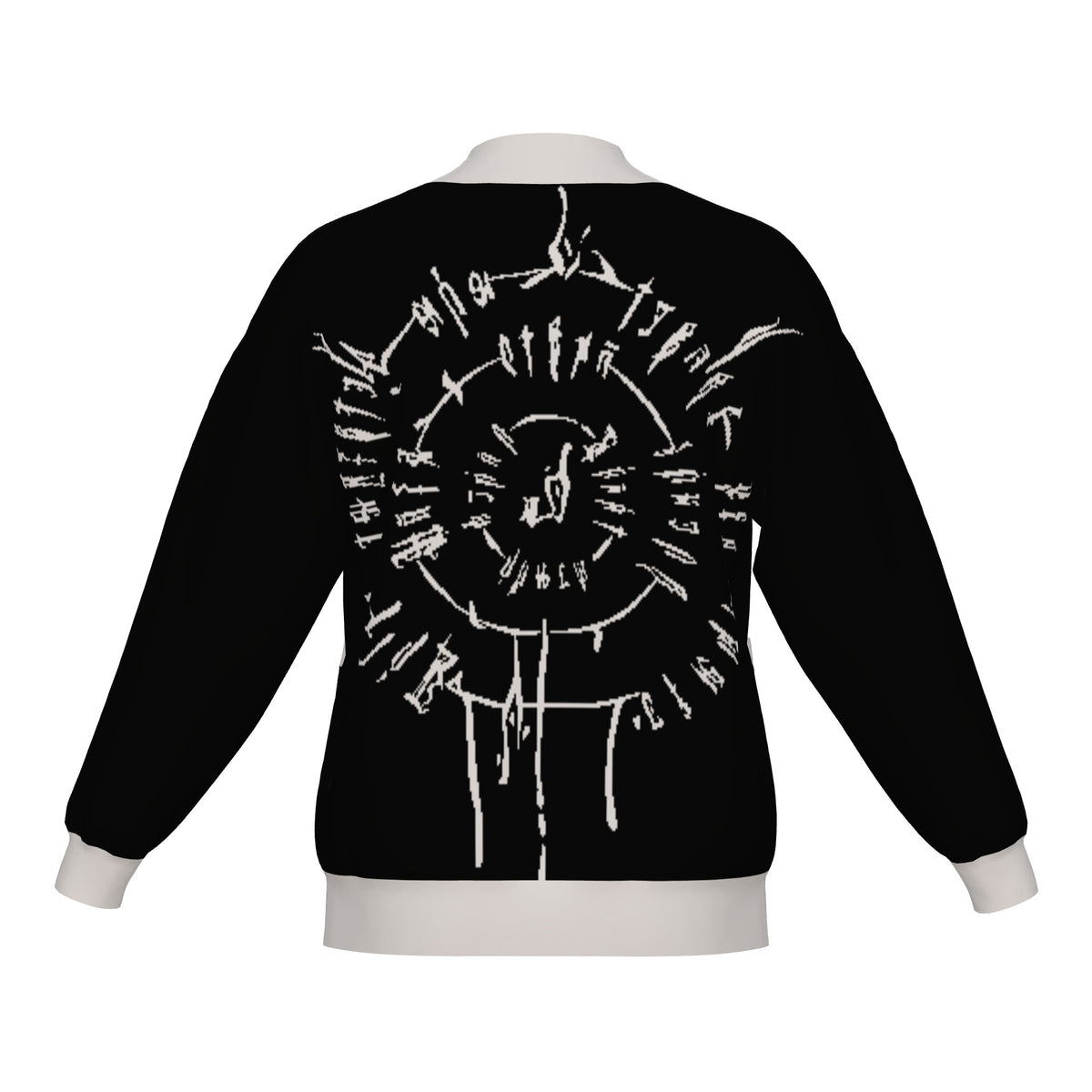 Back of the BG3 Astarion inspired infernal runes knitted bomber jacket in black with bone trim and bone runes