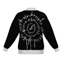 Back of the BG3 Astarion inspired infernal runes knitted bomber jacket in black with bone trim and bone runes