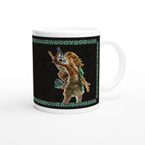 A white ceramic mug displays an illustration of Link from The Legend of Zelda: Tears of the Kingdom wielding a weapon against a background of Sheikah script and circular patterns.