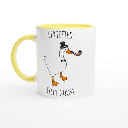 Mug with a goose illustration and text on a white background