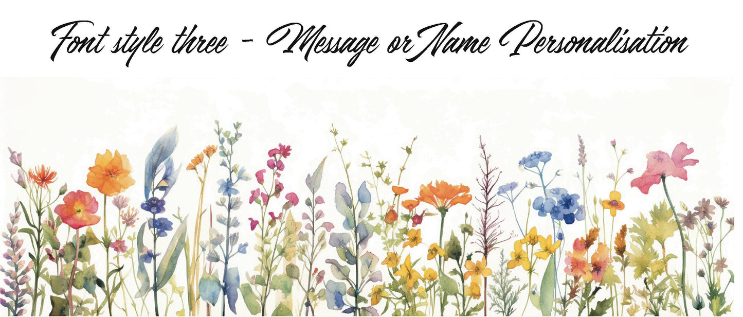 A watercolour floral design depicting a wildflower meadow is shown above text indicating personalization options for a china mug.