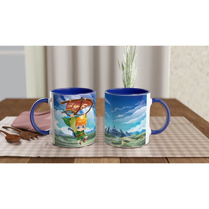 This 11oz mug depicts a chibi Link from The Legend of Zelda using a paraglider over a Hyrule landscape.