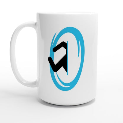 A white ceramic mug displays a blue Portal symbol from the Half-Life video game.