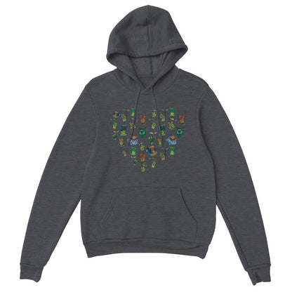 A gray hoodie features a heart-shaped pattern of Korok characters from The Legend of Zelda: Tears of the Kingdom and Breath of the Wild.