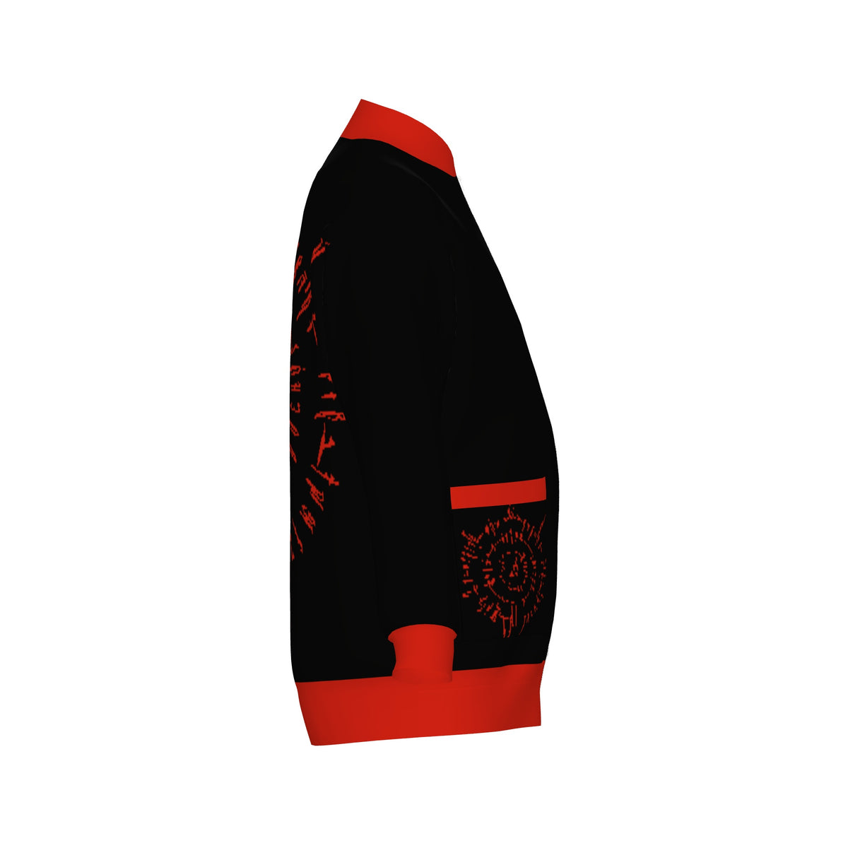 Side view of the BG3 Astarion inspired infernal runes knitted bomber jacket showing the red rune pocket