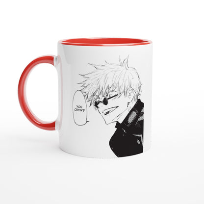 A black and white ceramic mug depicts a manga panel of Satoru Gojo from Jujutsu Kaisen with speech bubble reading "You Cryin'?