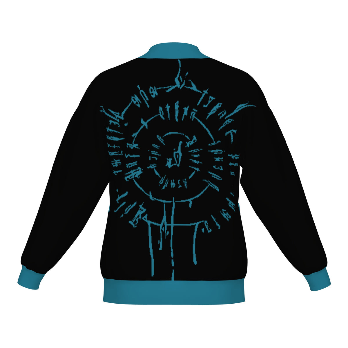 Back of the BG3 Astarion inspired infernal runes knitted bomber jacket in black with cyan trim and cyan runes