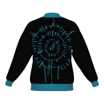 Back of the BG3 Astarion inspired infernal runes knitted bomber jacket in black with cyan trim and cyan runes