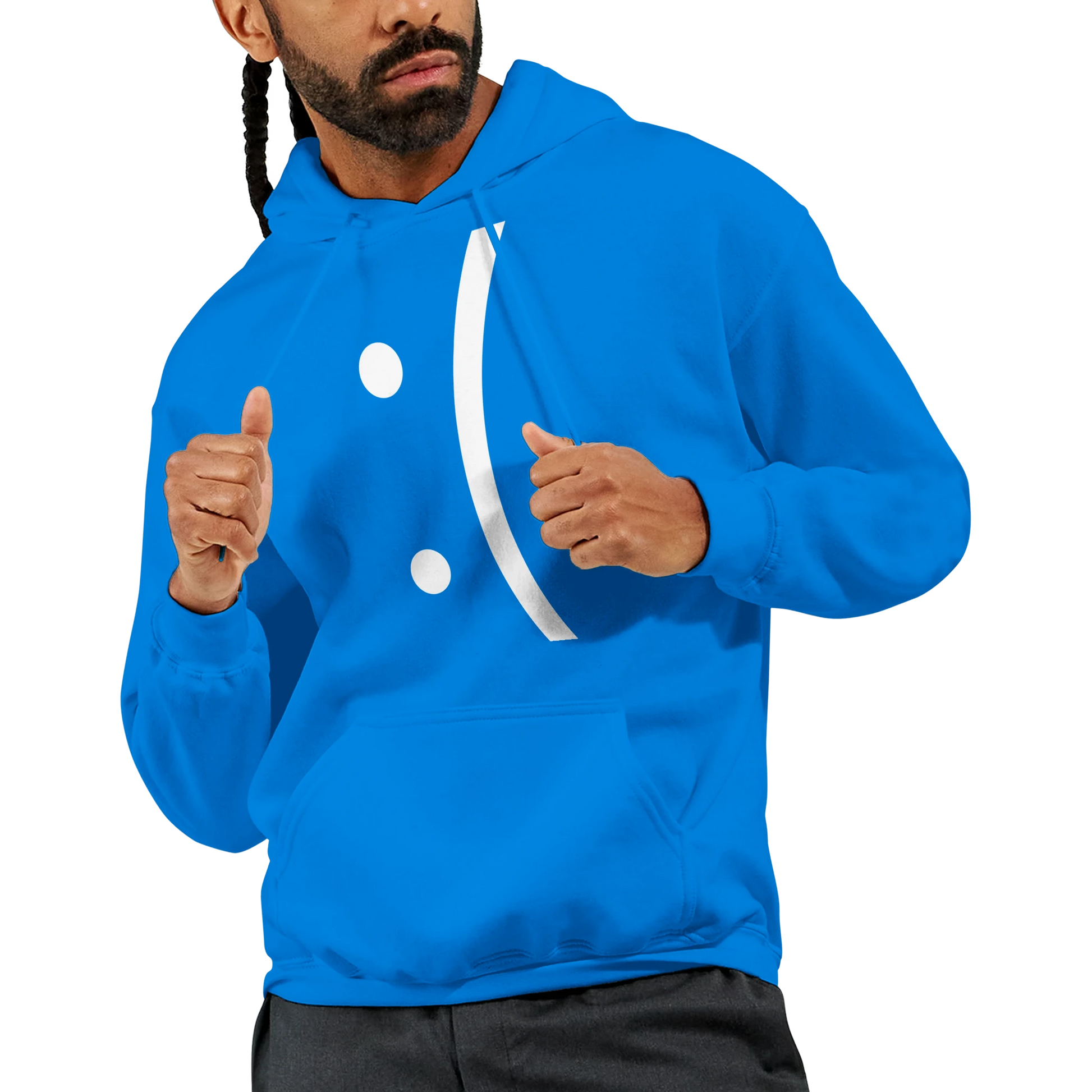 A person wears a blue hoodie featuring a white graphic resembling the classic Windows Blue Screen of Death error message.