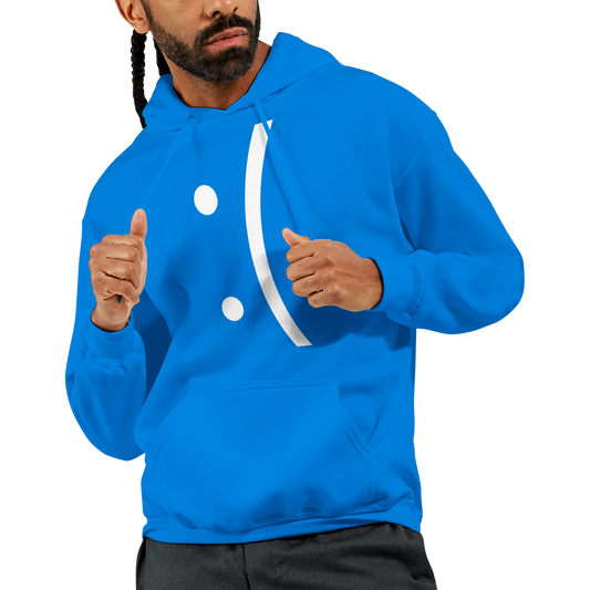 A person wears a blue hoodie featuring a white graphic resembling the classic Windows Blue Screen of Death error message.