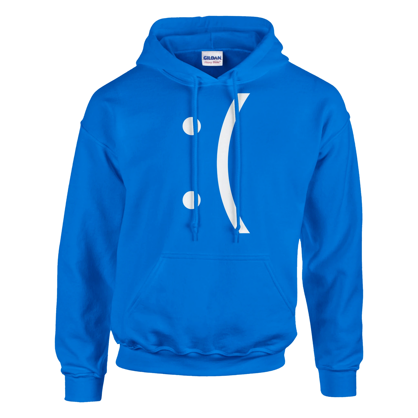 A blue hoodie displays a white graphic resembling a sad face referencing the Blue Screen of Death error message from classic Windows computers.