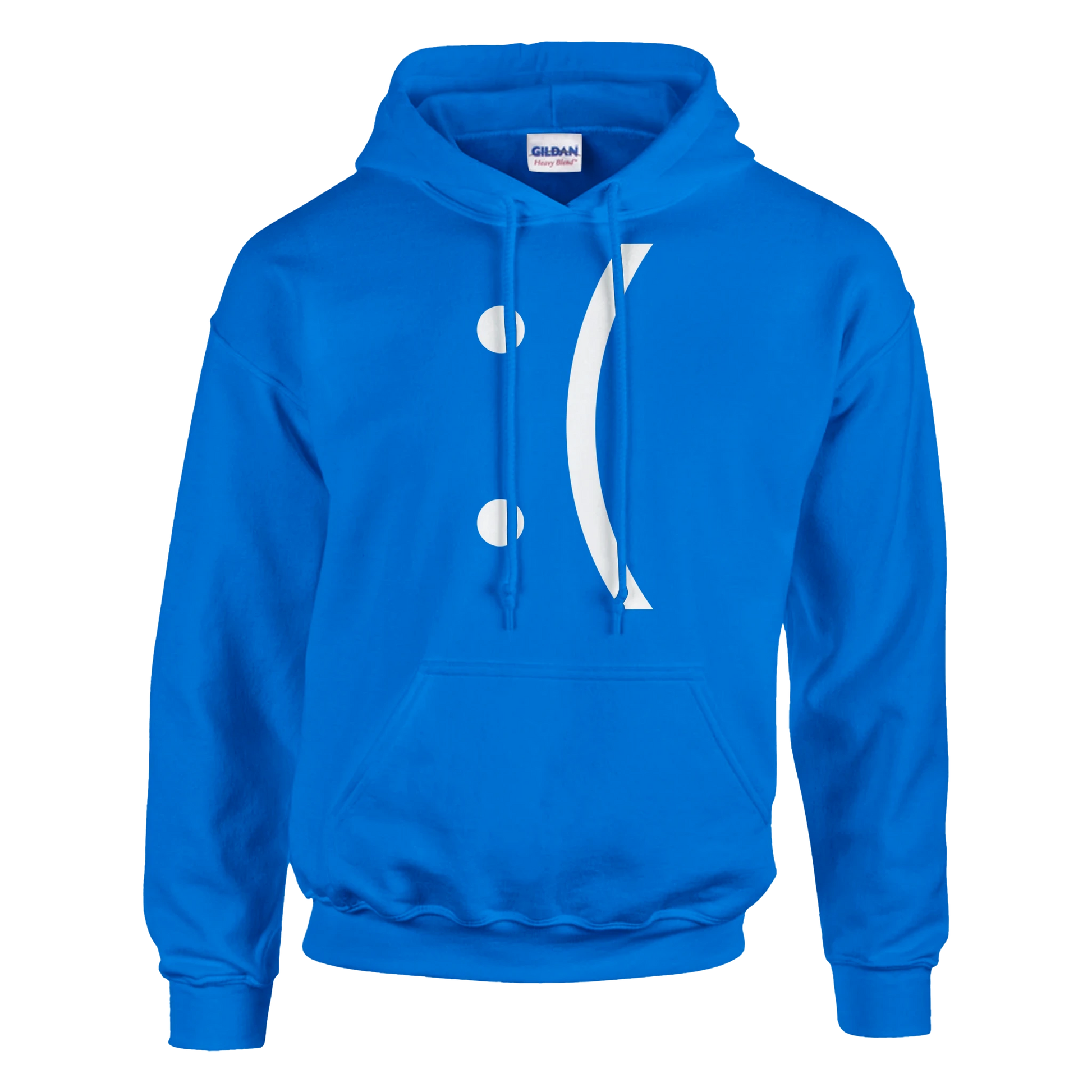 A blue hoodie displays a white graphic resembling a sad face referencing the Blue Screen of Death error message from classic Windows computers.
