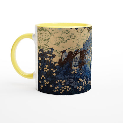 A yellow mug depicts a Studio Ghibli-inspired scene of Totoro within a cherry blossom forest rendered in a chinoiserie style.