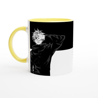 A black and white Jujutsu Kaisen mug depicts a character resembling Satoru Gojo against a yin/yang design of black and white halves.