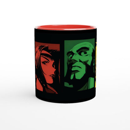A black Cowboy Bebop anime mug displays colourful illustrations of two original series characters, a woman with red hair and a bearded man.