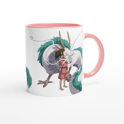 The white mug depicts Chihiro embracing Haku Dragon from Spirited Away, a Studio Ghibli inspired design.