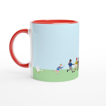 Mug with a cartoon design of Untitled Goose chasing townsfolk outdoors