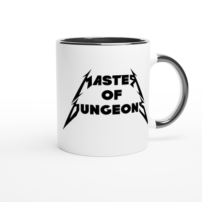 A white mug features "Master of Dungeons" in a Metallica-inspired font against a black background.