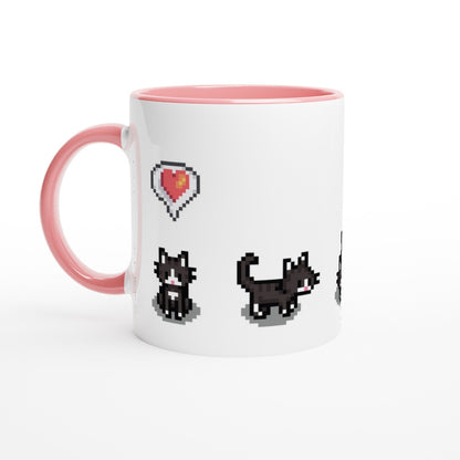 A white mug with a pink handle features pixelated graphics of tuxedo cats and a heart, referencing the Stardew Valley game.