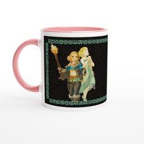 A ceramic mug displays an illustration of Link from The Legend of Zelda: Tears of the Kingdom alongside a character in green, surrounded by Sheikah script patterns.