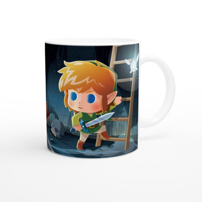 A ceramic mug depicts a chibi Link from The Legend of Zelda standing in a dungeon with a fairy floating nearby.