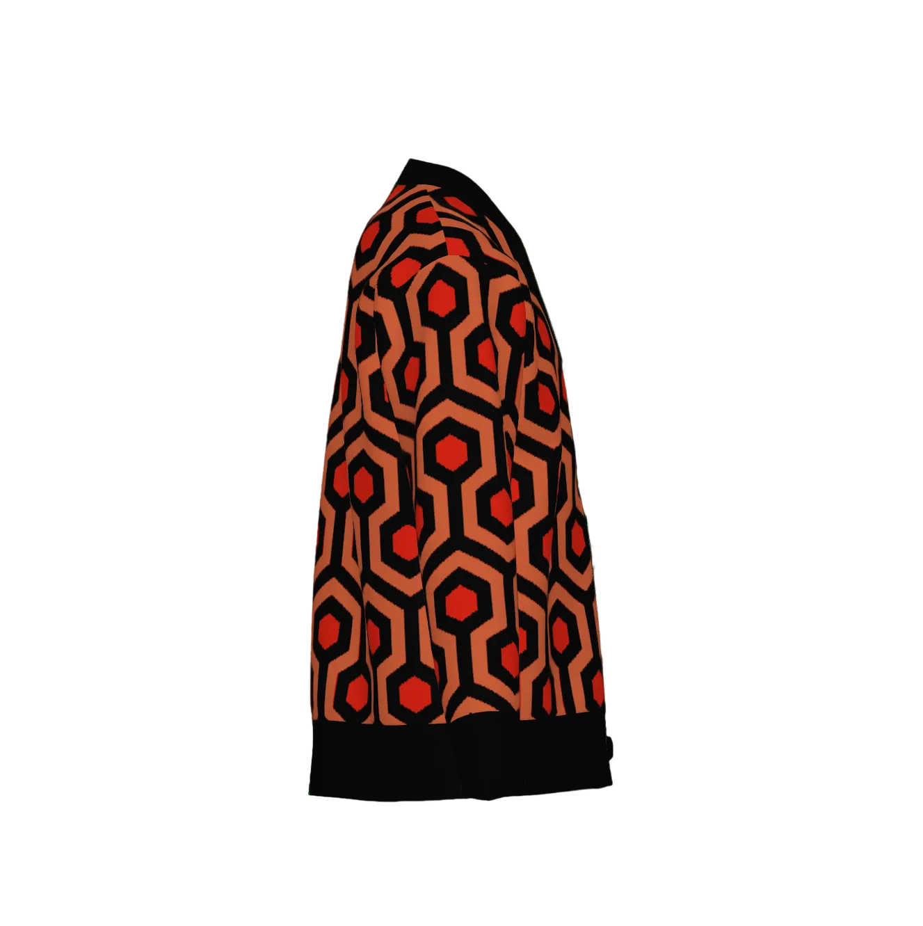 Overlook Hotel carpet pattern, orange red and black knitted cardigan on white background