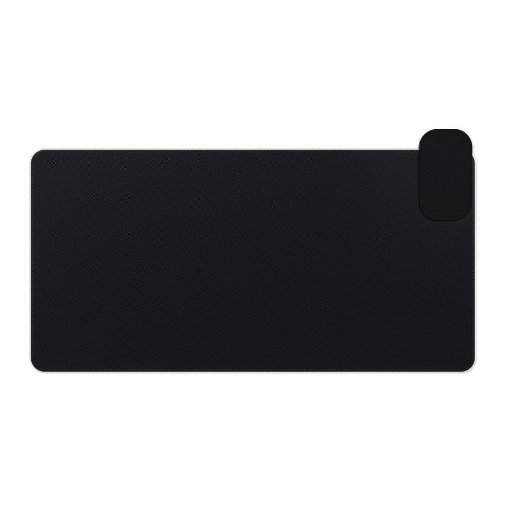 A plain black rectangular gaming desk mat with a small integrated wrist rest on the right side.