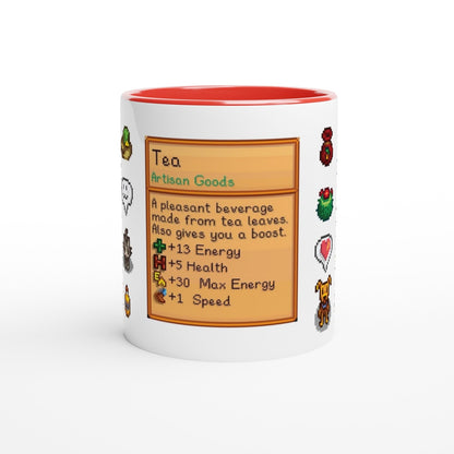 A white mug features a Stardew Drinks pattern depicting a beverage card with colourful sprites and details about tea's benefits.